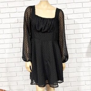 SHEIN Black Swiss Dot Square Neck Long Puff Sleeve Mini Dress Empire Waist | XL